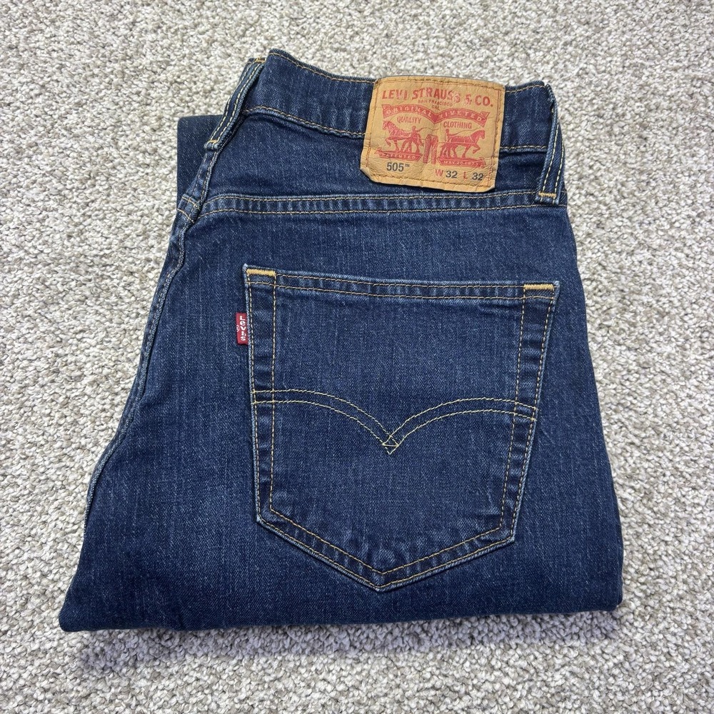 Levis 505 Jeans Mens 32x32 Blue Medium Wash Regular Straight Stretch 00505-2195